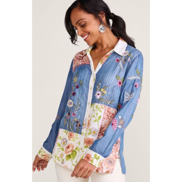 Soft Surroundings Tops - Soft Surroundings Embroidered Printed Tencel Button Shirt Sz M Boho Patchwork